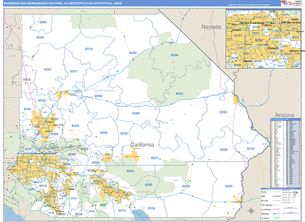 Riverside-San Bernardino-Ontario Metro Area Wall Map